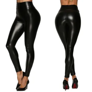 High Waist Leder - Dames Leggings - Zwart - Fleece