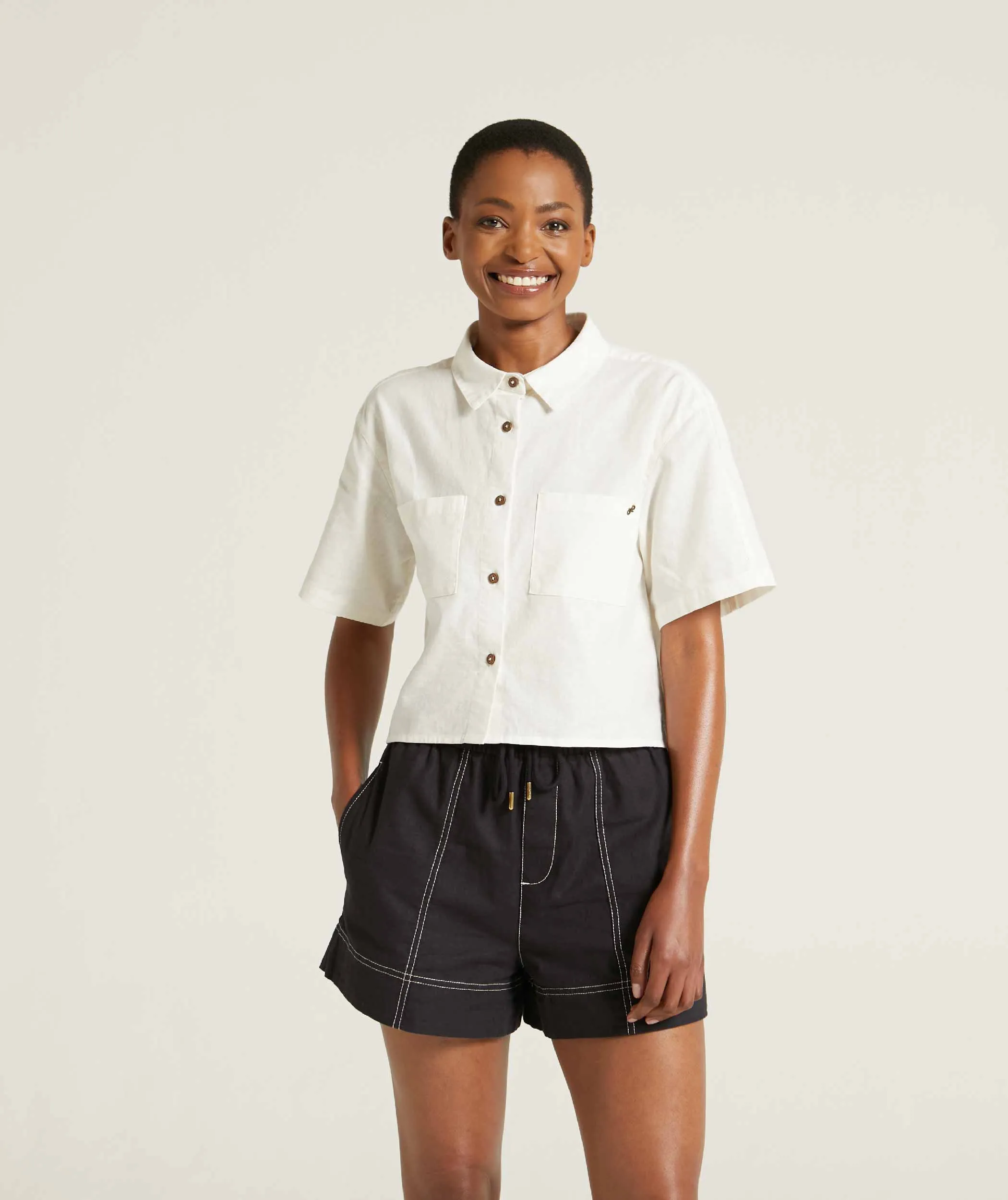 Ladies Linen Blend Drawcord Shorts - Dark Ink