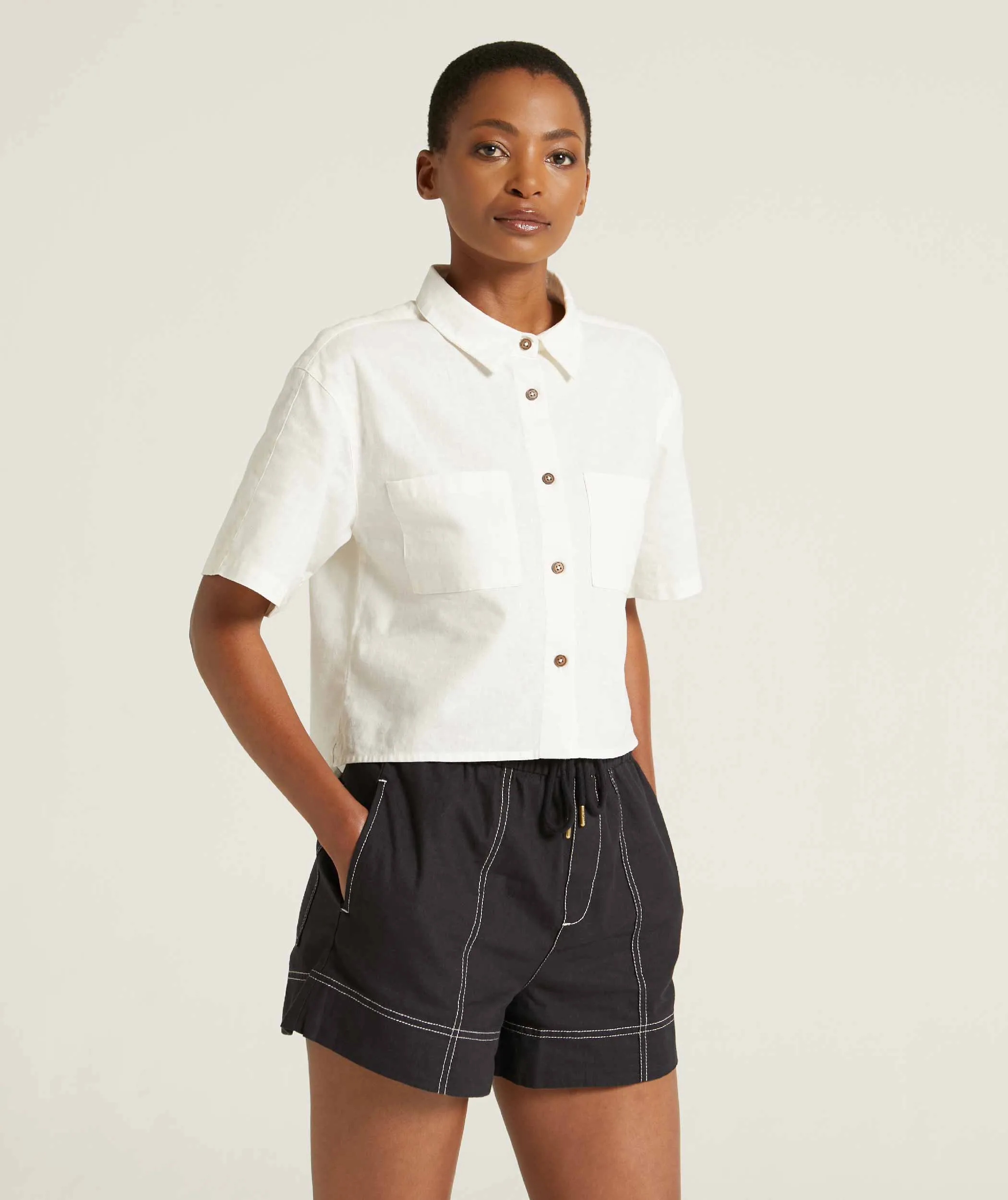 Ladies Linen Blend Drawcord Shorts - Dark Ink