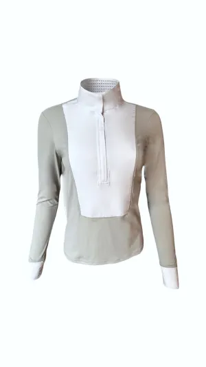 Long Sleeve Bib Show Shirt- Stone/ White