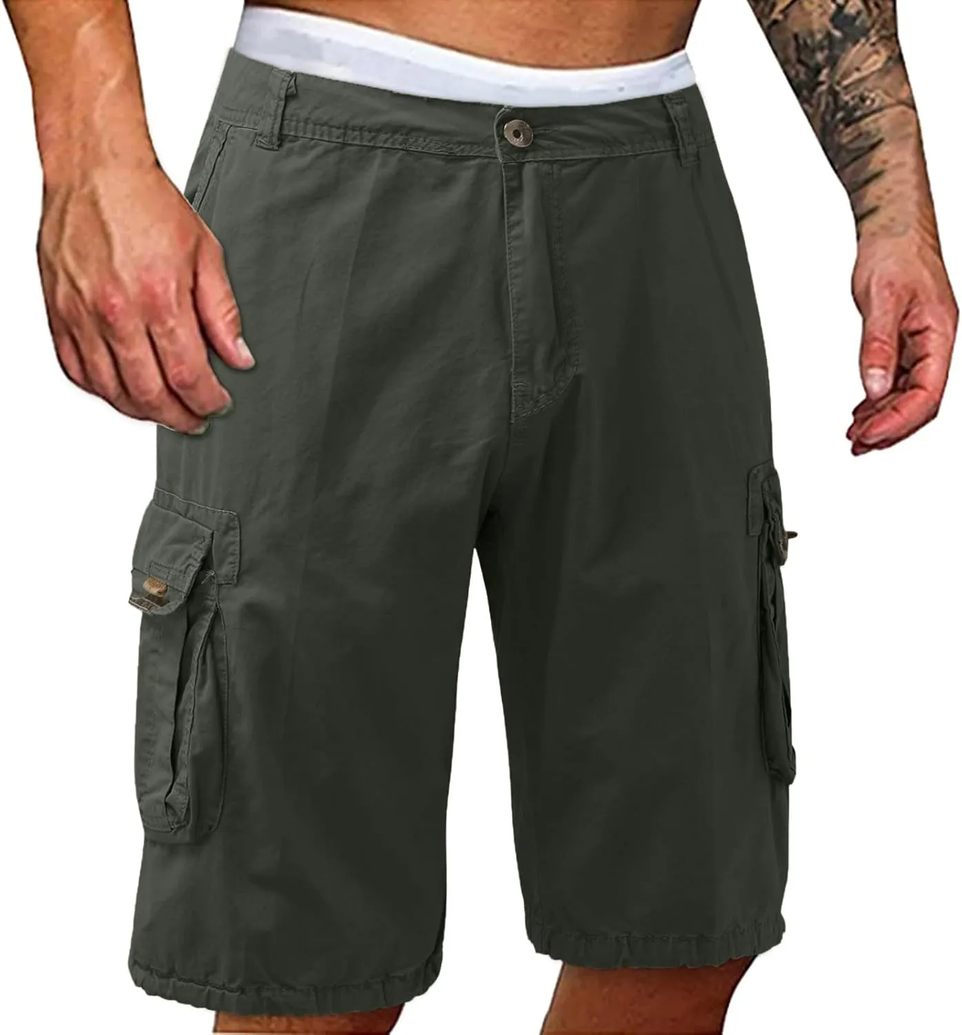 Men Cargo Shorts Elastic Waist Big and Tall Classic Fit Twill Chinos Overalls Multi-Pockets Casual Outdoor Work Shorts