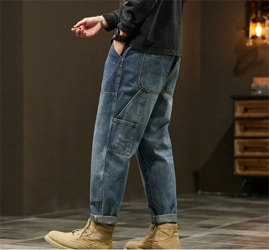Men Harem Loose Baggy Pants Blue Patched Pockets Trousers Oversized Tapered Cargo Jeans