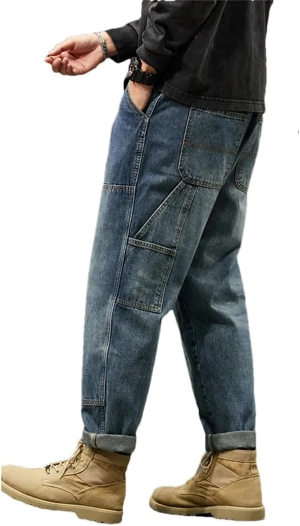 Men Harem Loose Baggy Pants Blue Patched Pockets Trousers Oversized Tapered Cargo Jeans