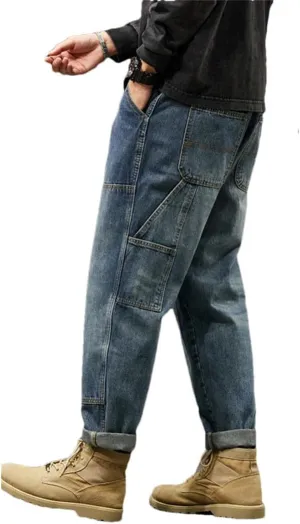 Men Harem Loose Baggy Pants Blue Patched Pockets Trousers Oversized Tapered Cargo Jeans
