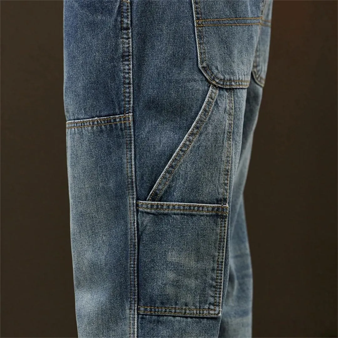 Men Harem Loose Baggy Pants Blue Patched Pockets Trousers Oversized Tapered Cargo Jeans