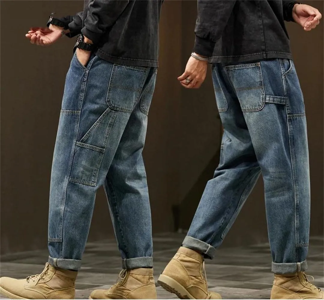 Men Harem Loose Baggy Pants Blue Patched Pockets Trousers Oversized Tapered Cargo Jeans