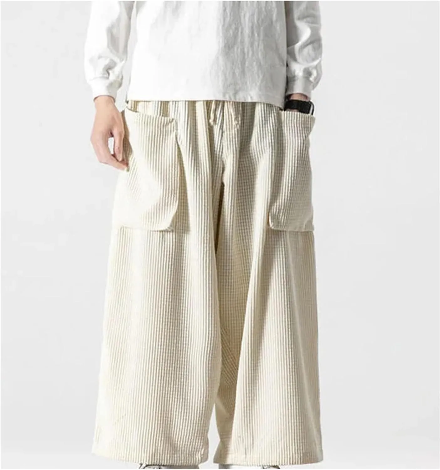 Men's Corduroy Casual Wide Leg Pants Solid Color Loose Elastic Waist Straight Harem Trousers