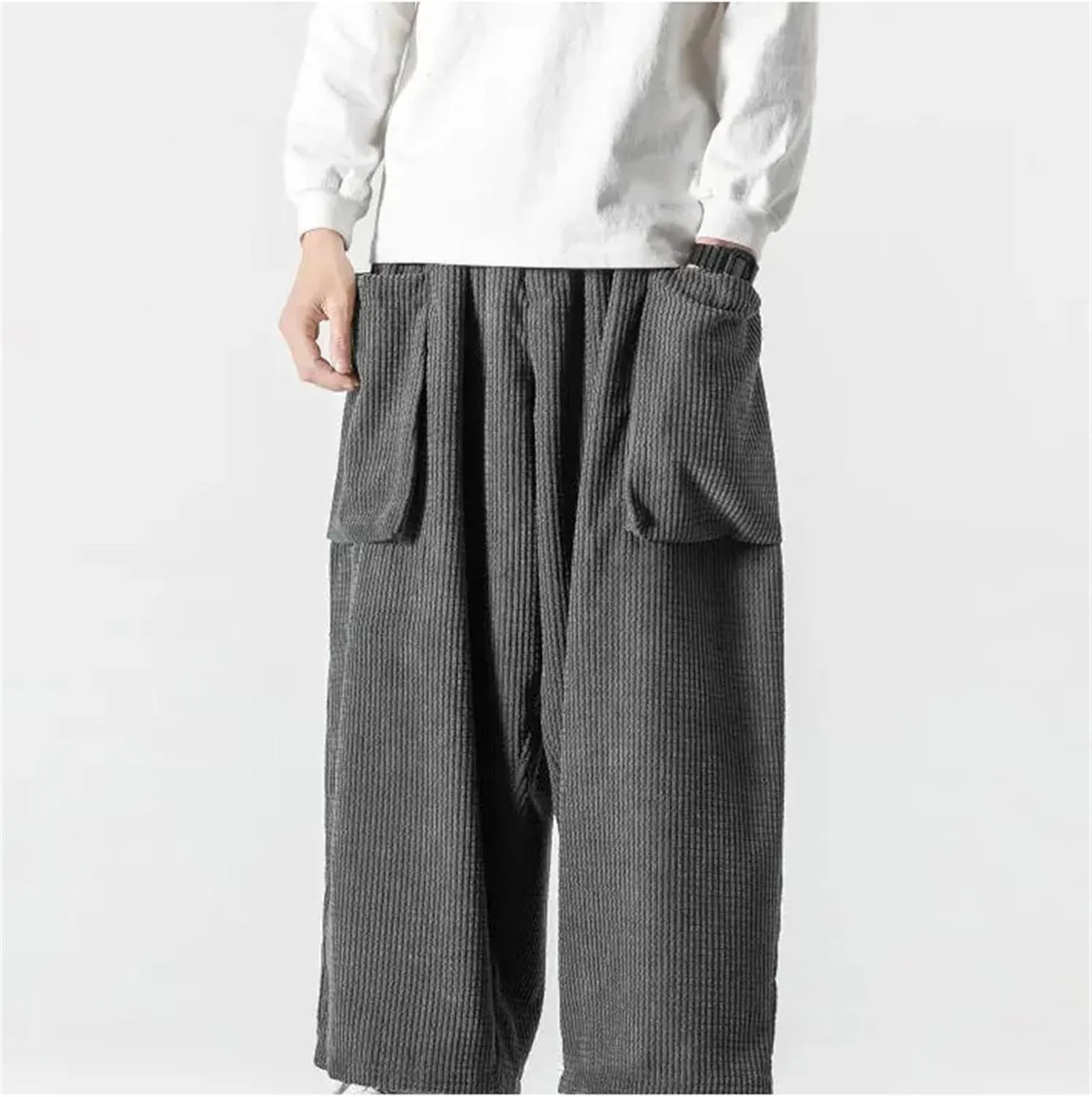 Men's Corduroy Casual Wide Leg Pants Solid Color Loose Elastic Waist Straight Harem Trousers
