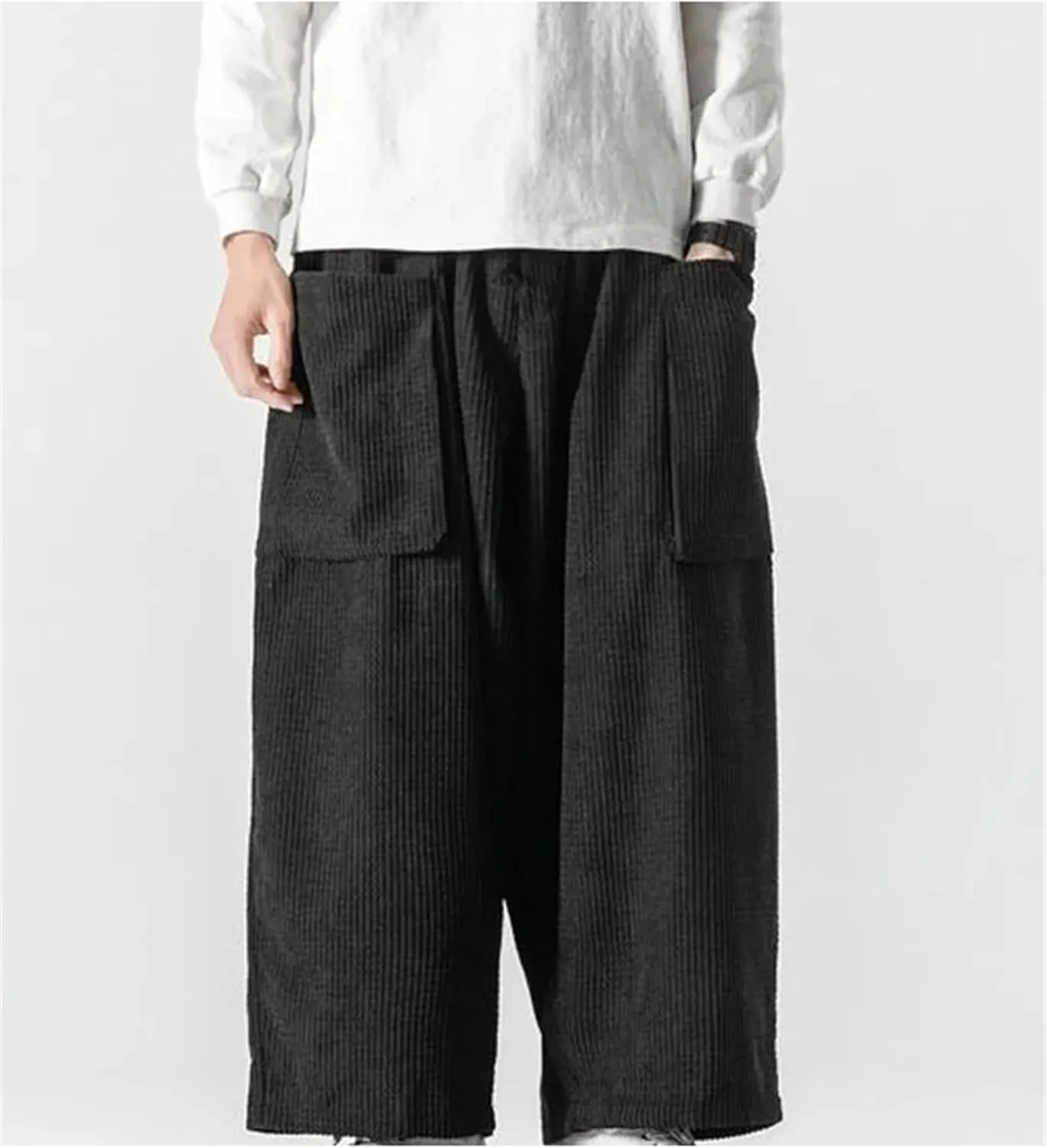 Men's Corduroy Casual Wide Leg Pants Solid Color Loose Elastic Waist Straight Harem Trousers
