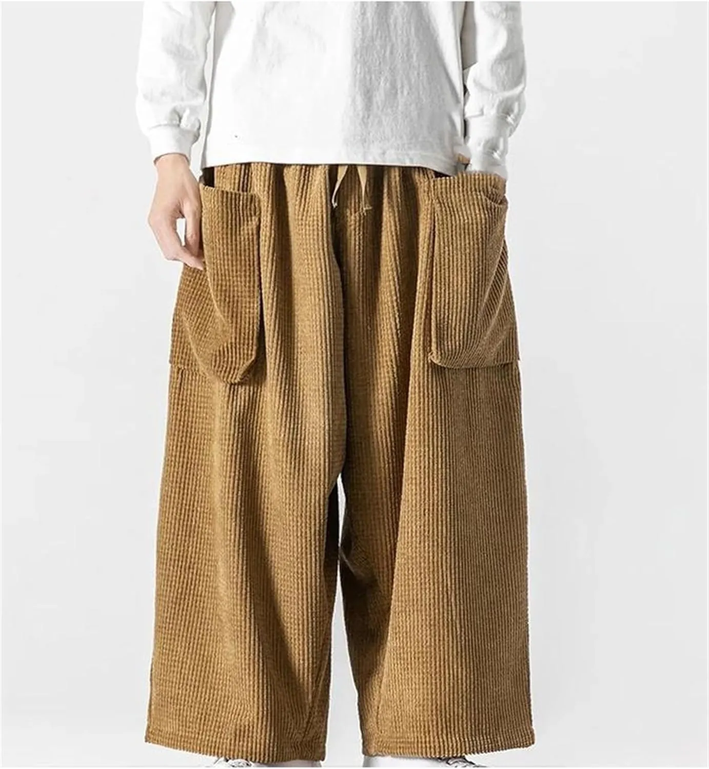 Men's Corduroy Casual Wide Leg Pants Solid Color Loose Elastic Waist Straight Harem Trousers