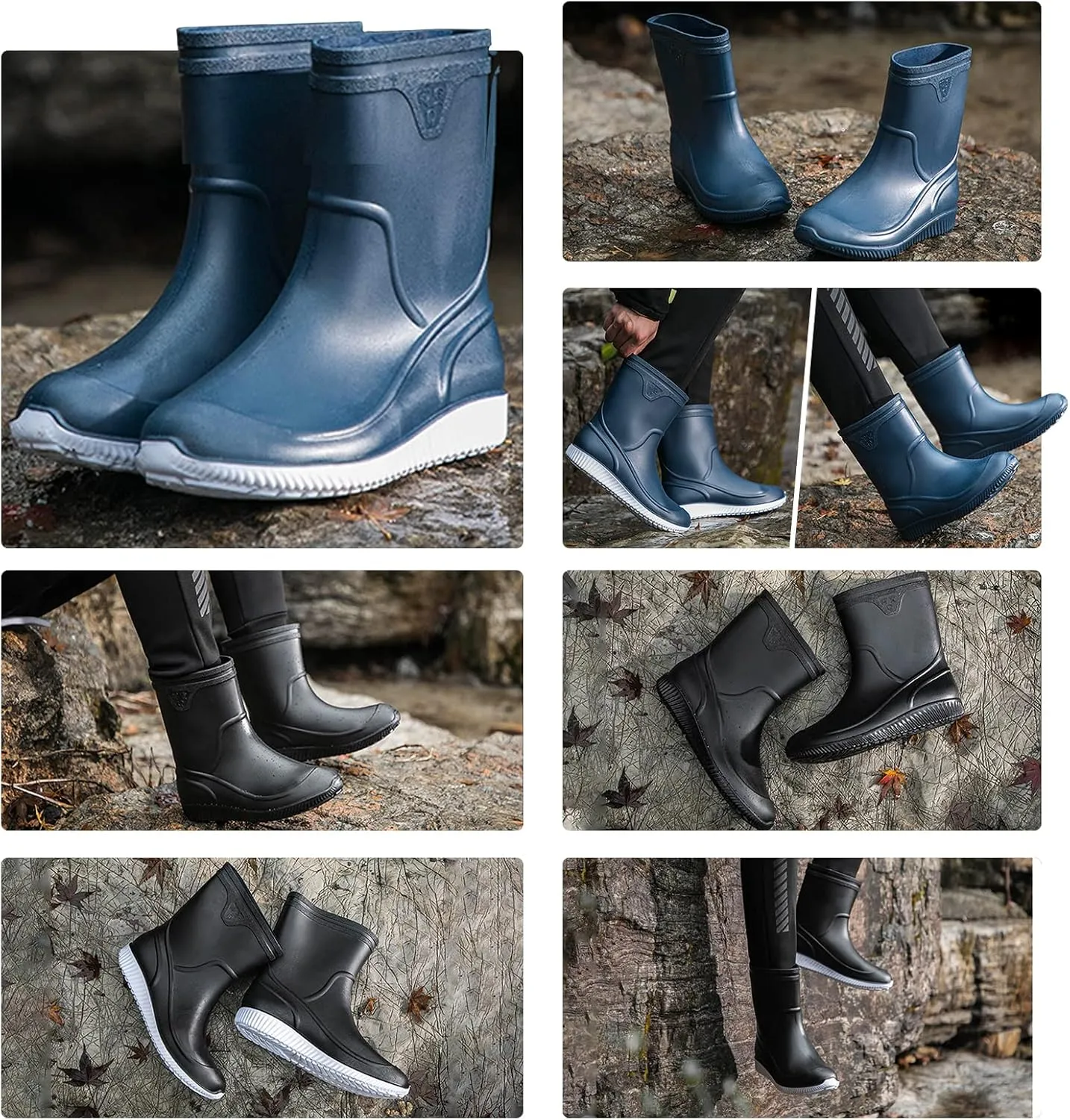 Mens Rain Boots Slip On Non-Slip Rubber Waterproof Ankle Boots Rain Shoes