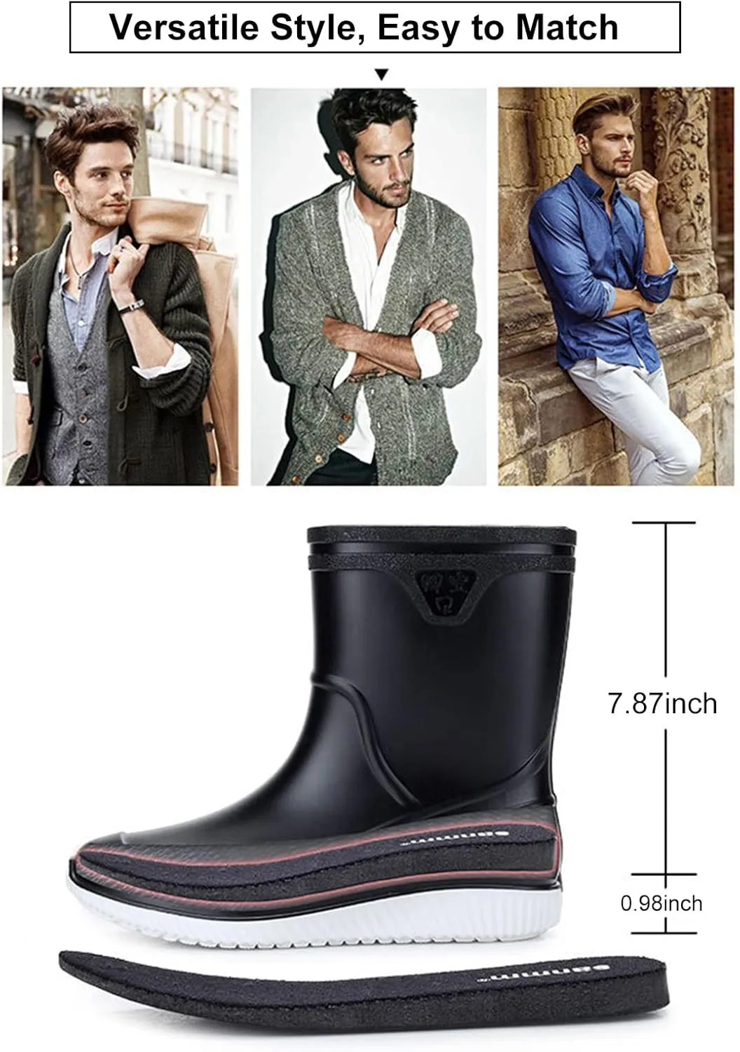 Mens Rain Boots Slip On Non-Slip Rubber Waterproof Ankle Boots Rain Shoes