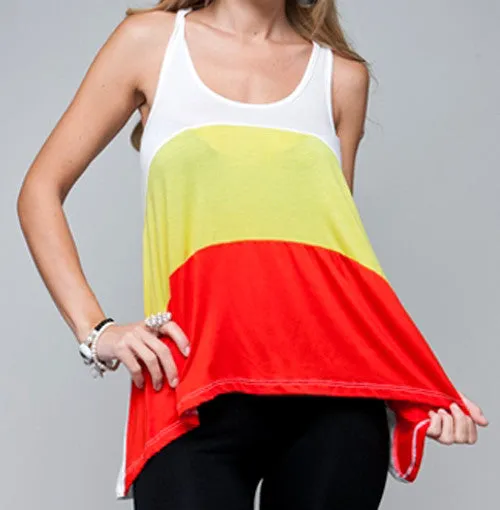NEW Womens Asymmetrical Top Tank Tee Shirt Color Block Blocking Yellow Orange Women's Summer Tops