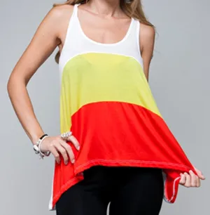 NEW Womens Asymmetrical Top Tank Tee Shirt Color Block Blocking Yellow Orange Women's Summer Tops