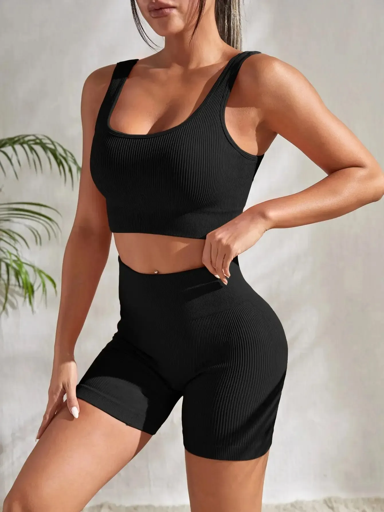 Seamless Ribbed Yoga Set - 2 Piece Workout Outfit