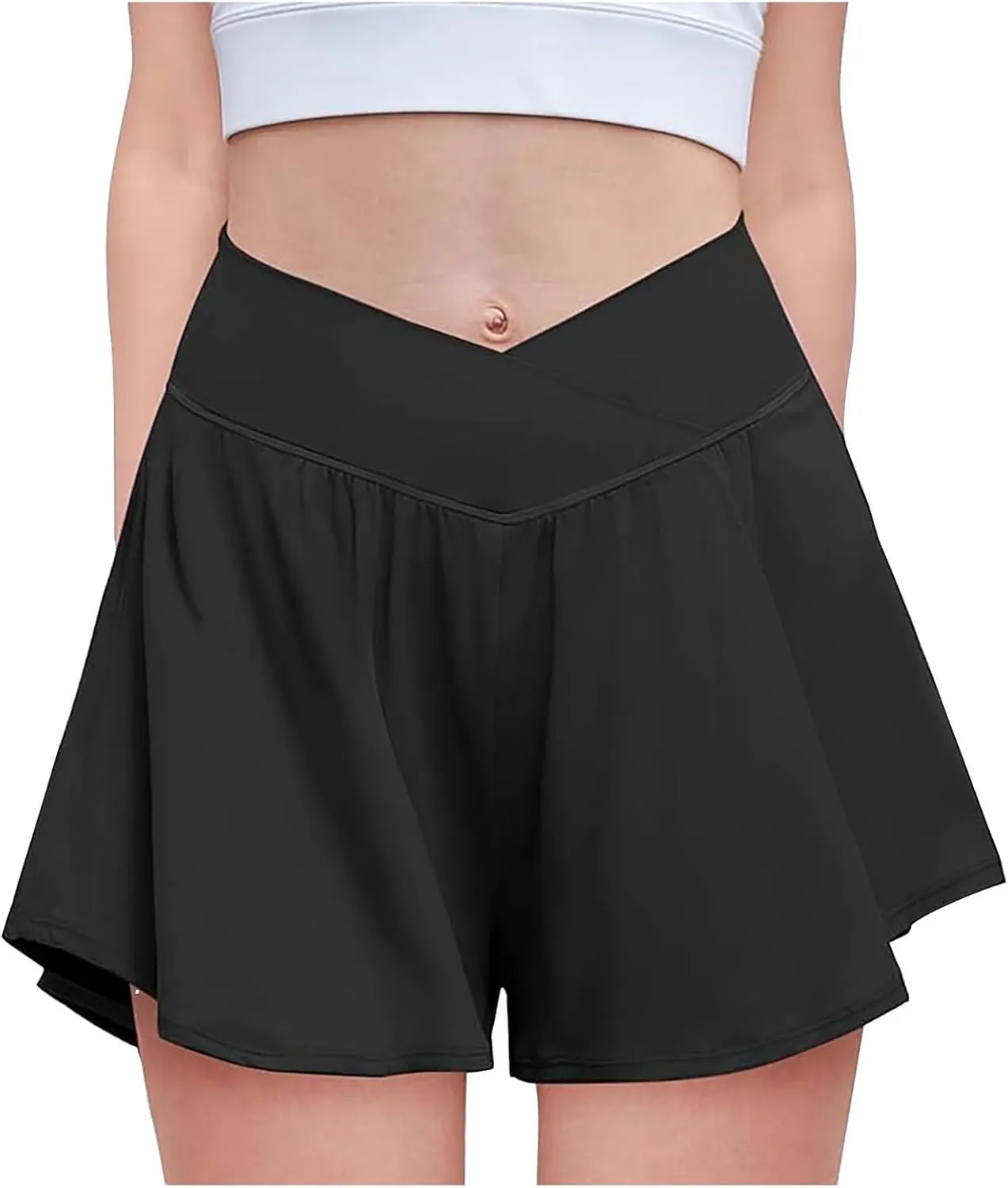 Shorts for Women Trendy Summer Sports Tummy Control High Waisted Solid Casual Flowy Pockets Tennis Skirts with Shorts