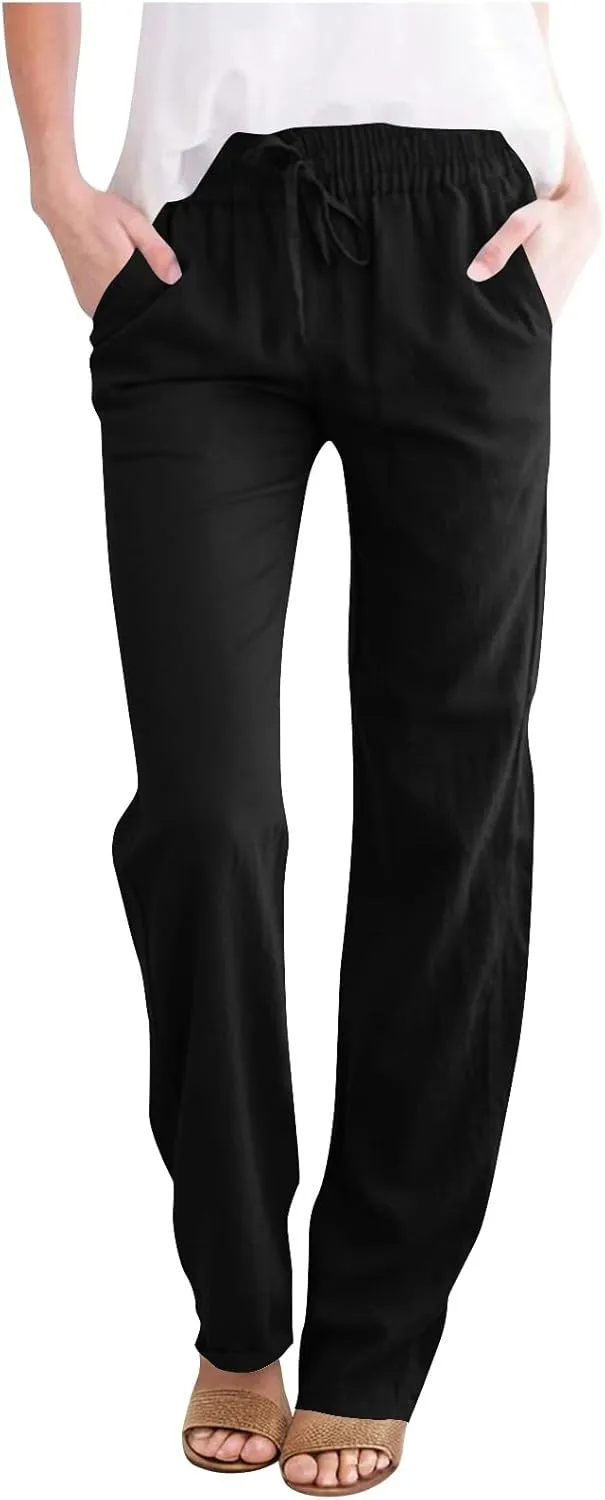Women Casual Long Pants with Pockets Drawstring Elastic Waist Straight Leg Trousers 2025 Spring Summer Outfits