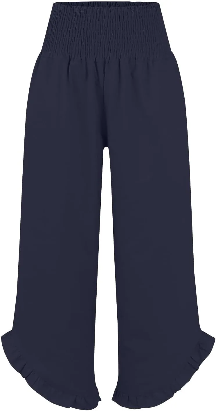 Women's Linen Palazzo Pants Smocked Waist Ruffle Cuffs Wide Leg Boho Pants Summer Beach Vacation Loose Flowy Trousers