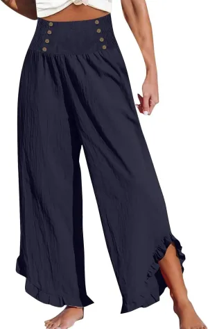 Women's Linen Palazzo Pants Smocked Waist Ruffle Cuffs Wide Leg Boho Pants Summer Beach Vacation Loose Flowy Trousers