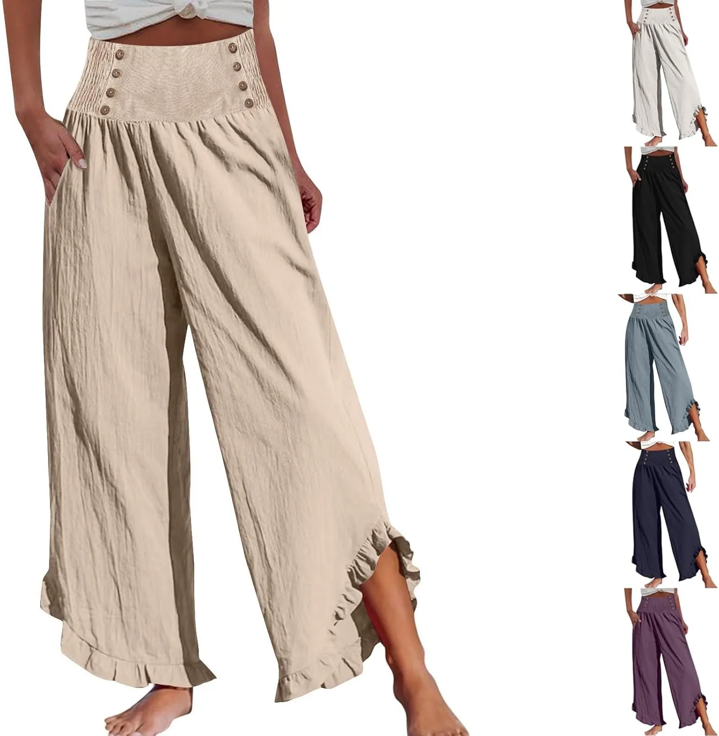 Women's Linen Palazzo Pants Smocked Waist Ruffle Cuffs Wide Leg Boho Pants Summer Beach Vacation Loose Flowy Trousers