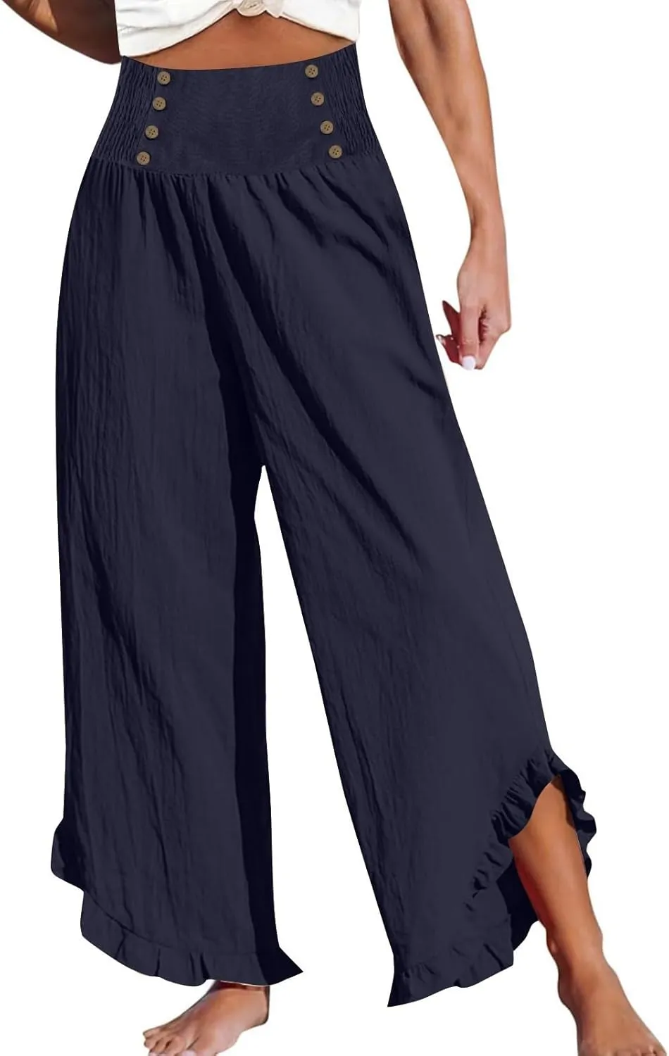 Women's Linen Palazzo Pants Smocked Waist Ruffle Cuffs Wide Leg Boho Pants Summer Beach Vacation Loose Flowy Trousers