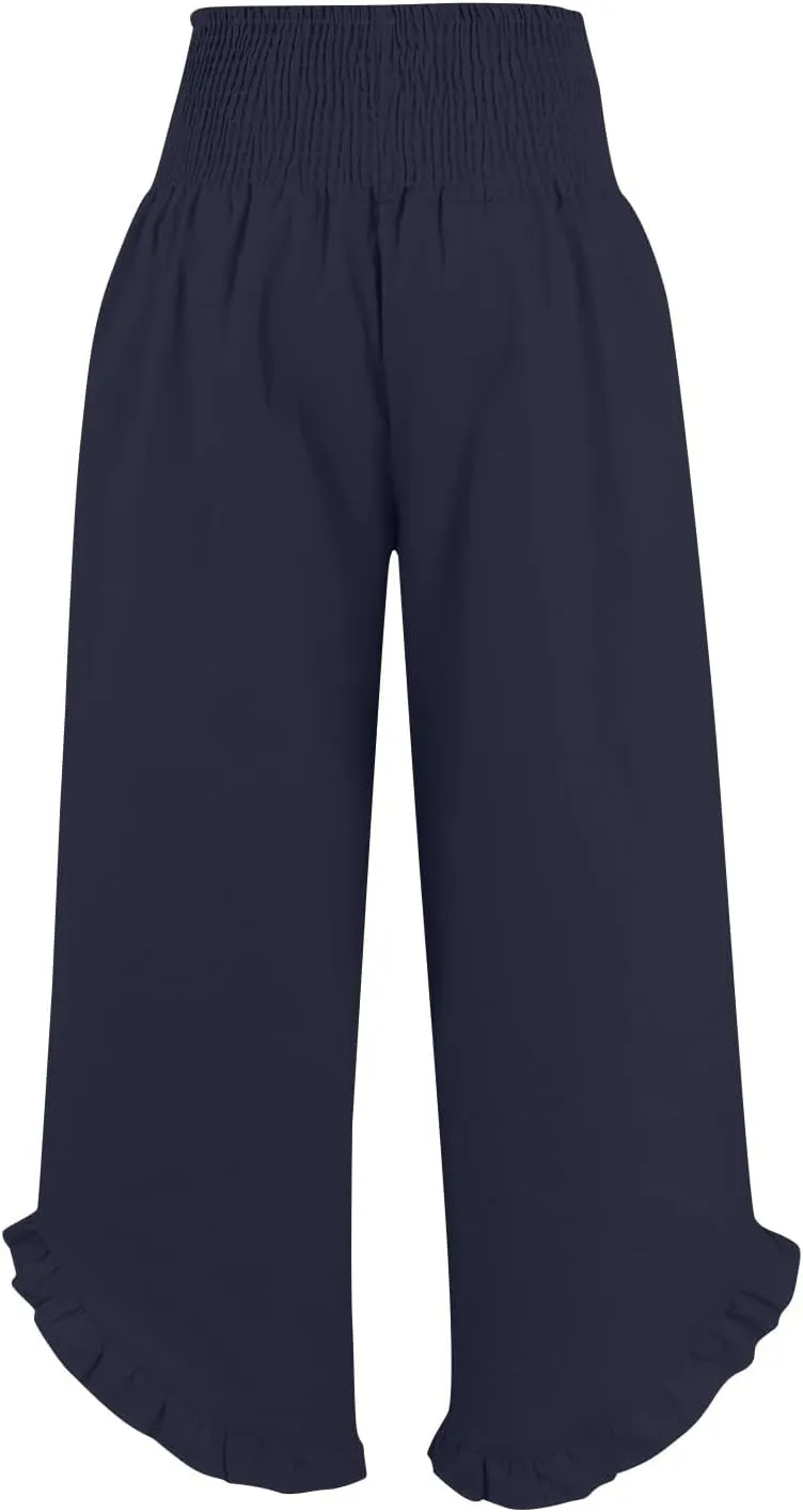 Women's Linen Palazzo Pants Smocked Waist Ruffle Cuffs Wide Leg Boho Pants Summer Beach Vacation Loose Flowy Trousers