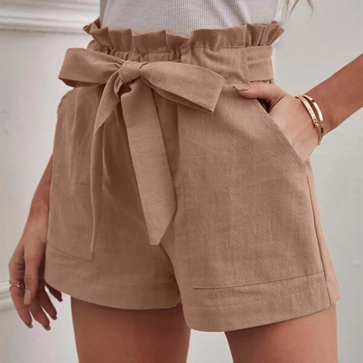 Women's Summer Shorts with Pockets Ruffle Hem and Bow Tie Waistband Casual High Waisted Under Skirt Shorts for