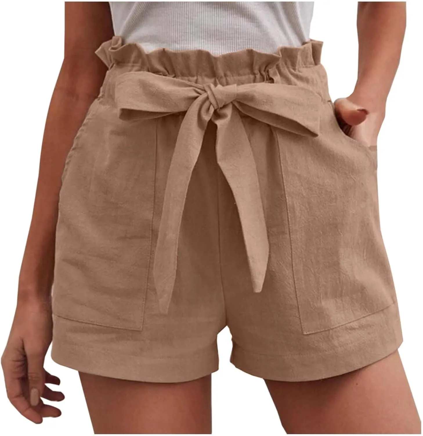 Women's Summer Shorts with Pockets Ruffle Hem and Bow Tie Waistband Casual High Waisted Under Skirt Shorts for