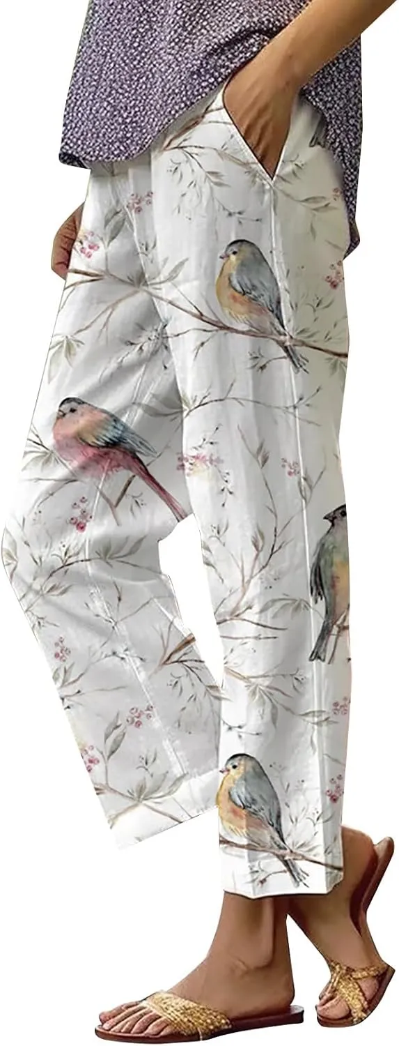 Women's Trendy Linen Pants Loose Drawstring Elastic Waist Wide Leg Pants Summer Beach Printed Lounge Trousers Pockets