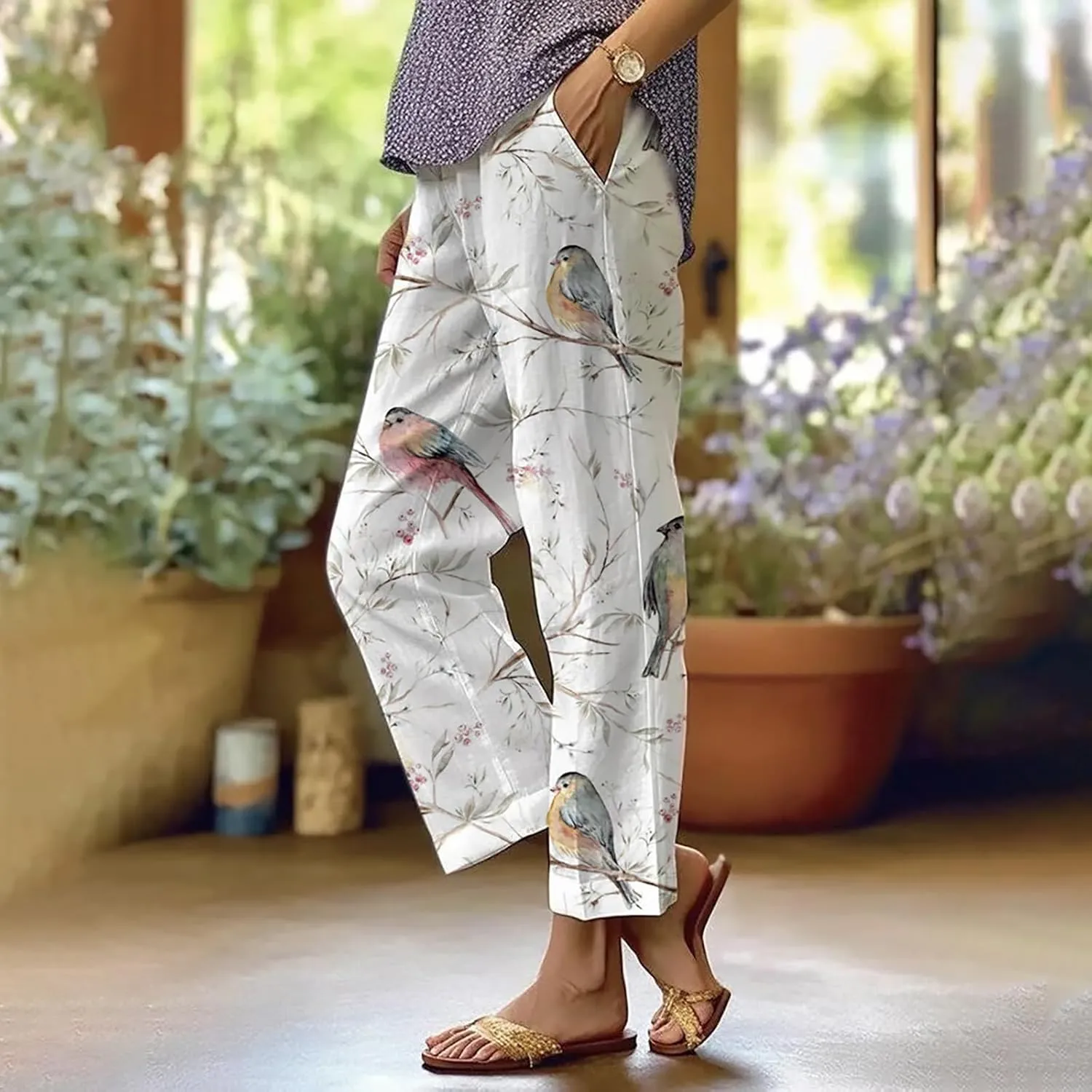 Women's Trendy Linen Pants Loose Drawstring Elastic Waist Wide Leg Pants Summer Beach Printed Lounge Trousers Pockets