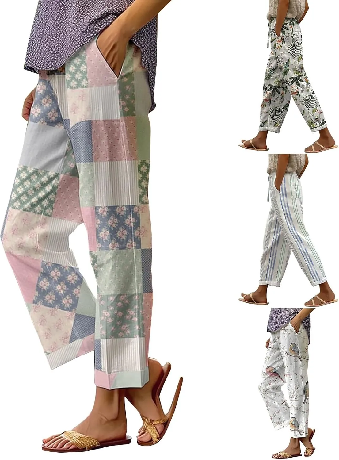 Women's Trendy Linen Pants Loose Drawstring Elastic Waist Wide Leg Pants Summer Beach Printed Lounge Trousers Pockets